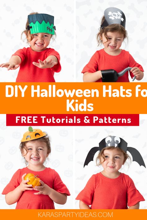 DIY Halloween Hats for Kids- FREE Tutorials & Patterns via Kara's Party Ideas - KarasPartyIdeas.com Halloween Hat Diy, Halloween Hat Craft, Halloween Hats Diy, Halloween Party Crafts, Preschool Hat, Bat Hat, Halloween Party Craft, Classic Costumes, Halloween Party Decor Diy