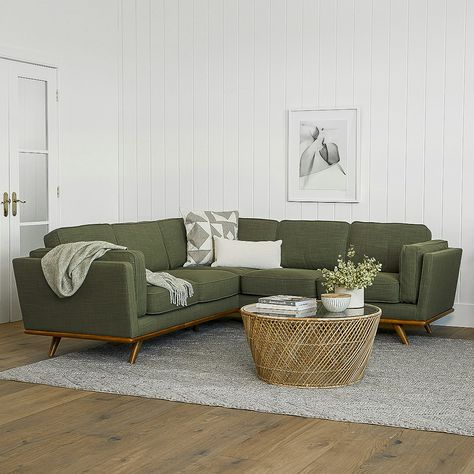 Timber 93" Corner Sectional - Olio Green Mid Century Modern Living Room With Sectional, Mid Century Modern Living Room Green Sofa, Boho Sectional Living Room, Corner Sectional Living Room, Sectional For Small Living Room, Article Sectional, Colorful Mid Century Modern Living Room, Mid Century Modern Living Room Sofas, Mcm Living Room Decor