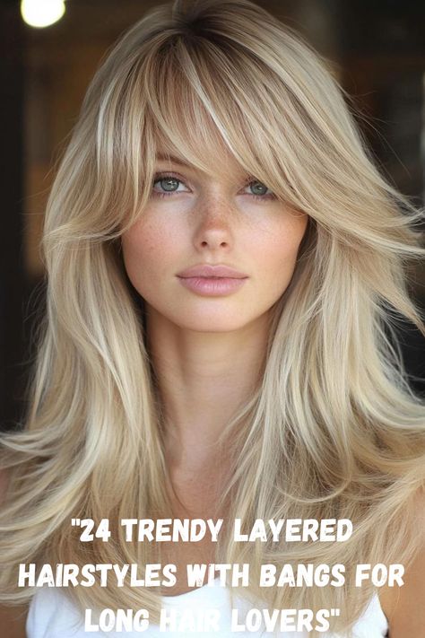 Embrace the latest trends with these 24 layered hairstyles featuring bangs designed specifically for long hair. From sleek and polished finishes to messy, beachy vibes, each style offers versatility and elegance. Explore how layers and bangs can frame your face, enhance your features, and add movement to your luscious locks. Layered Haircuts With Long Bangs, Loose Curls With Curtain Bangs, Long Straight Hair With Side Bangs, Feather Bangs Long Hair, Long Curtain Bangs Side Part, Long Bang Haircut, Long Bangs Side Part, Blowout Hair With Bangs, Blonde Long Hair With Bangs