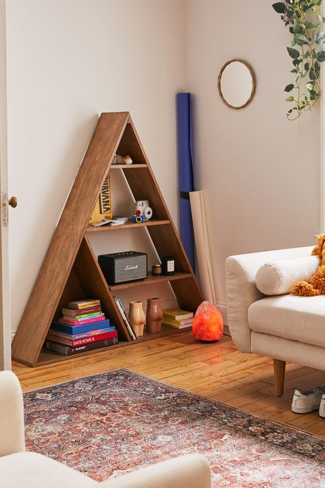 Which one fits your design personality? Living Room, Bookshelves, Triangle Bookshelf, Book Shelf, Toddler Bed, Urban Outfitters, I Shop, Sign Up, Kids Rugs