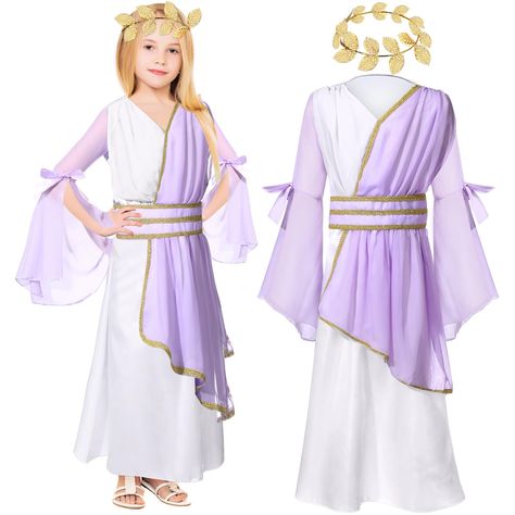 PRICES MAY VARY. Toga Costume: include 1 girls toga costume and 1 leaf laurel wreath, which is a nice classical and stylish cosplay accessory for girls to play the role of a Carnival greek or roman princess, the beautiful combination will make you become the focus in the theme party and crowd Quality Material and Proper Size: Greek costume is made of quality polyester fiber, soft and comfortable, not easy to fade or dim, which can be applied for a long time; And the laurel wreath leaf crown is r Greek Costume Girl, Roman Crown, Percy Jackson Costume, Roman Princess, Greek Toga, Roman Toga, Wreath Leaf, Toga Costume, Roman Costume