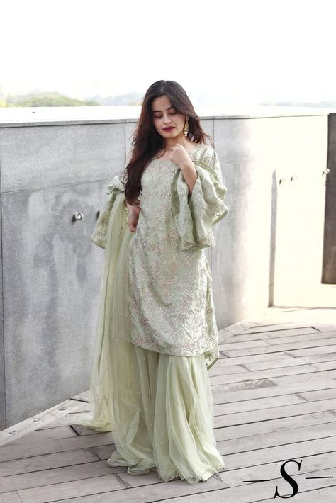 Pista green high low hem sharara set available im free sizes. Follow S: A label by Shweta Niroula on instagram for mlre updates. Green Sharara, Im Free, Pista Green, Wedding Moodboard, Sharara Set, Wedding Mood Board, High Low Hem, Pastel Colors, Free Size