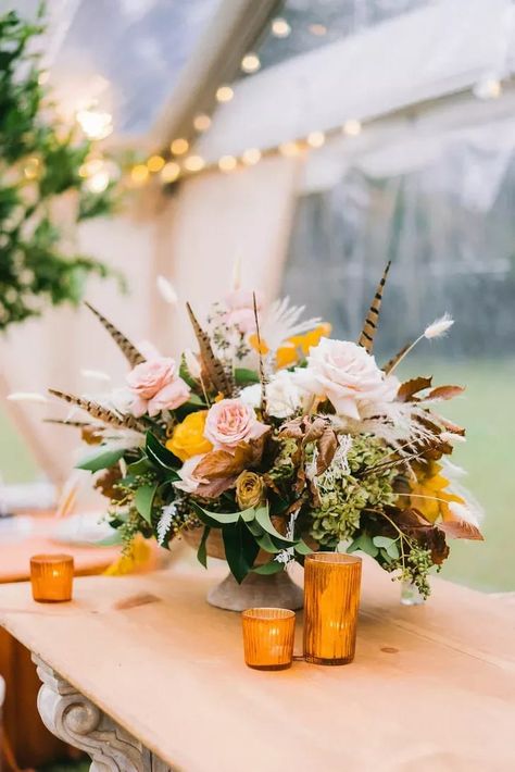 Pheasant Feather Centerpieces, Pheasant Feather Decor Wedding, Flowers With Pheasant Feathers, Pheasant Feather Bouquet, Pampas Grass And Pheasant Feathers, Floral Arrangement With Pheasant Feathers, Bourbon Wedding, Hanging Flower Arrangements, Farm Wedding Ceremony