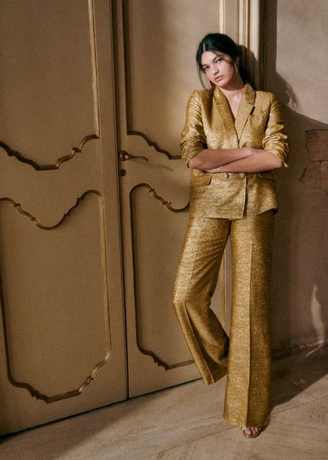 Giovanni Trousers - Gold - Viscose - Sézane Gold Suit, Denim Suit, French Beauty, Winter Chic, Polo Sweatshirt, Long Trousers, Knitwear Dress, Short Jacket, Lower Back