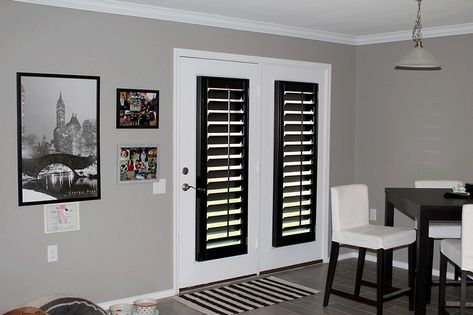 Black Window Treatments, Black French Doors, House Columns, Miami House, Crib Ideas, Indoor Shutters, Dark Doors, Trim Ideas, Black Shutters