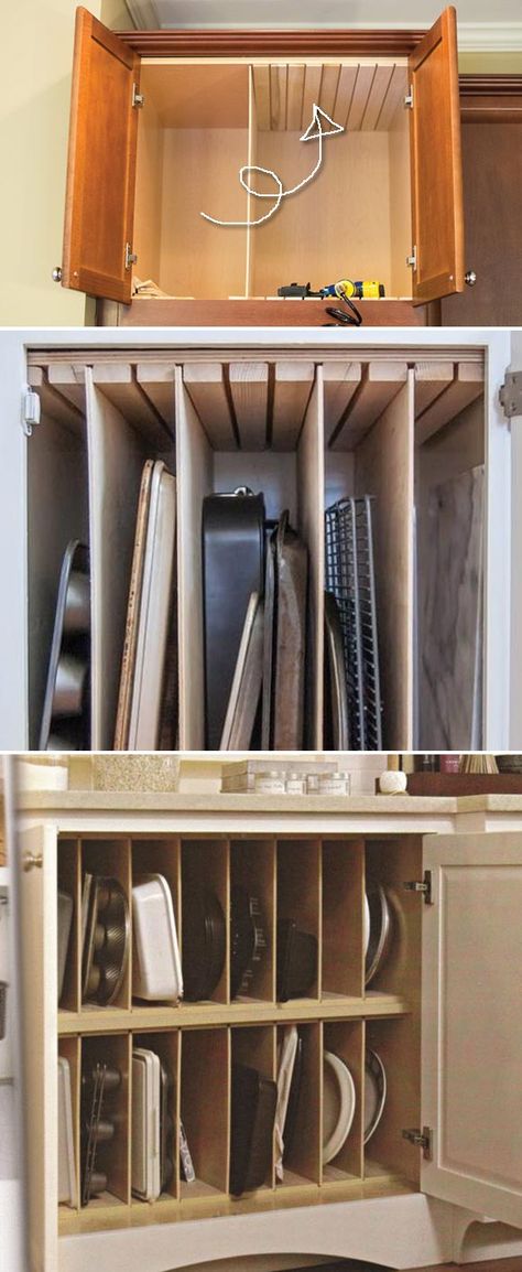 Diy Pan Rack Cabinet, Vertical Baking Sheet Storage, Practical Kitchen Storage, Baking Pan Cabinet, Vertical Pan Storage, Baking Closet Organization, Baking Rack Storage, Tray Storage In Kitchen, Clever Storage Ideas For Small Spaces Tiny Kitchens