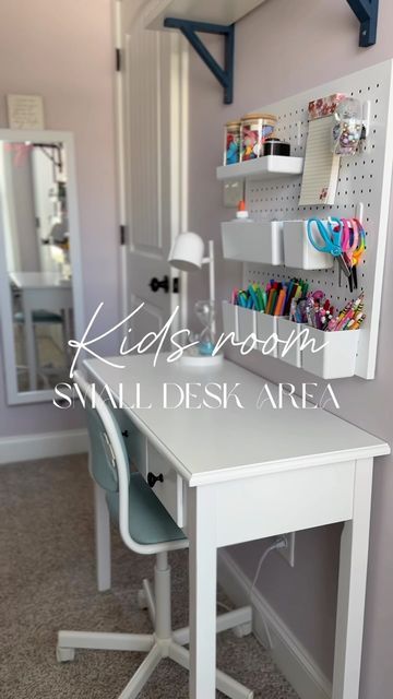 Hannah Crisp on Instagram: "Follow & comment “DESK” for links! ✨   This desk is currently on sale for Black Friday & only $88!!! 👀 the perfect size for small spaces and kids rooms. Also love this pegboard for storage, keeps everything organized and within reach without taking up space!   #kidsroominspo #girlsroommakeover #teenbedroom #tweenbedroom #toddlerbedroom #deskarea #kidsbedroom #blackfriday2024" Art Corner Kids Bedroom, Kids Desk Area In Bedroom Corner, Girls Desk In Bedroom, Kids Table Desk, Kids Desk Ideas In Bedroom, Kids Art Desk Ideas, Girls Desk Organization, Girls Art Desk, Girls Desks In Bedroom