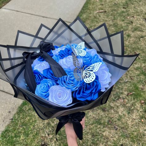 Beautiful 24 count ribbon rose bouquet. Dark blue, light blue, and white, premade! Blue Eternal Rose Bouquet, Blue Ribbon Bouquet, Goodie Basket For Boyfriend, Light Blue Bouquet, Ribbon Roses Bouquet, Blue Roses Bouquet, Ribbon Rose Bouquet, Blue Flower Bouquet, Ribbon Rose Bouquets