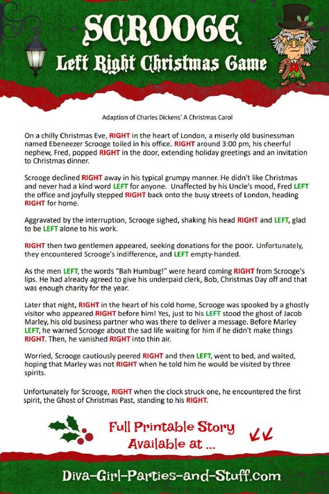 Free printable Christmas left right game based on the story of Scrooge from A Christmas Carol by Charles Dickens. Left Right Christmas Game For Adults Funny, Left Right Christmas Game For Adults Free Printable, Christmas Carol Games Free Printable, Left Right Christmas Story Game Free Printable, Christmas Right Left Story, Left Right Christmas Game Funny, Right Left Christmas Game Free Printable, Left And Right Christmas Game, Christmas Left Right Stories