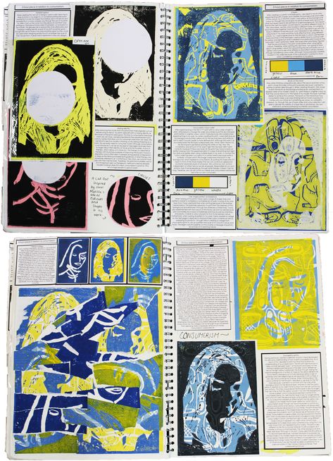 Gcse Experimentation Page, Graphic Design A Level Sketchbook Ideas, Gcse Art Sketchbook Experimentation, Alevel Graphics Sketchbook, Lino Print Gcse Art Sketchbook, Sketchbook Experimentation, Monoprint Portrait, A Level Art Themes, Gcse Graphics