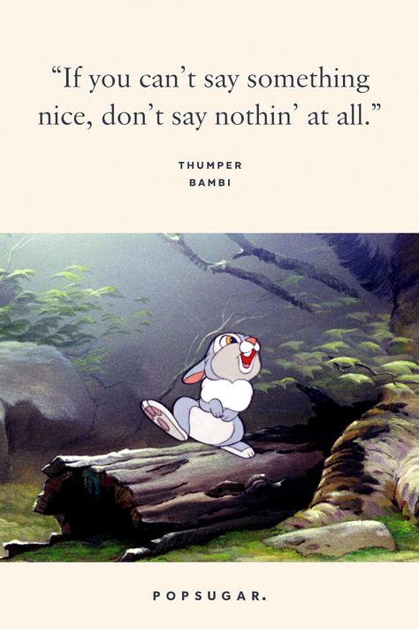 "If you can't say something nice, don't say nothin' at all." — Thumper, Bambi Disney Life Quotes, Bambi Quotes, Disney Quotes Inspirational, Thumper Bambi, Best Disney Quotes, Beautiful Disney Quotes, Cute Disney Quotes, Pop Sugar, Humanity Quotes