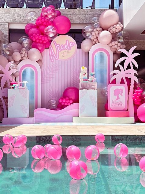 Barbie Malibu | CatchMyParty.com Barbie Decorations, Barbie Pool Party, Barbie Malibu, Barbie Bachelorette, Barbie Party Decorations, Barbie Theme Party, Barbie Birthday Party, Pool Birthday, Barbie Theme