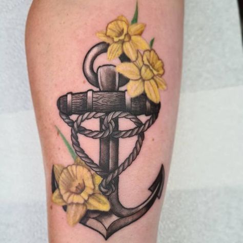 Daffodil and anchor tattoo March Birth Flower Tattoo, Red Flower Tattoos, March Birth Flower, March Birth Flowers, Daffodil Tattoo, Birth Flower Tattoos, Anchor Tattoo, Daffodil Flower, Tattoo Design Ideas