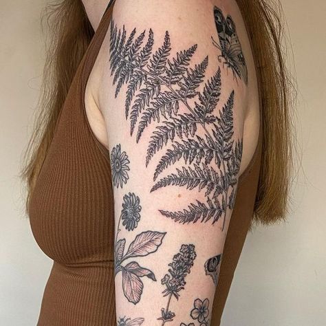 Big Fern Tattoo, Botanical Fern Tattoo, Fern Elbow Tattoo, Upper Arm Fern Tattoo, Botanical Gap Filler Tattoo, Half Sleeve Nature Tattoos For Women, Fern Shoulder Cap Tattoo, Botanical Rib Tattoo, Fern Spine Tattoo