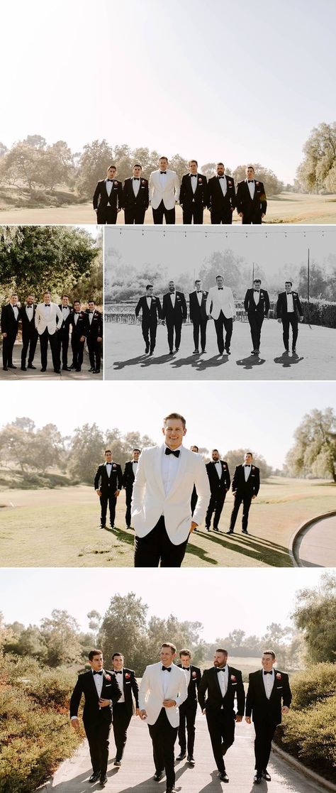 White Tux Jacket, Groomsmen In Black, Groomsmen Wedding Photos, Groomsmen Pictures, Wedding Group Photos, Wedding Party Poses, Wedding Photo List, White Tux, Wedding Shot List