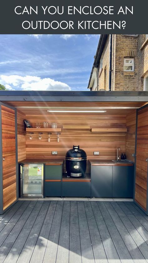 Thinking about upgrading your outdoor living space with an enclosed outdoor kitchen, like this BBQ shed?🤔This blog post includes everything you need to know about how to make sure your outdoor BBQ area will be safe and functional even when enclosed.🔥From advice about the placements of outdoor cooking appliances to whether to include pergolas, we've got you covered!👍For more BBQ shed ideas, check out our feed.😋If you're interested in an outdoor kitchen of your own, contact us today!📲 Enclosed Outdoor Kitchen Ideas, Bbq Shed Ideas, Enclosed Outdoor Kitchen, Bbq Pod, Bbq Shed, Outdoor Cooking Spaces, Outdoor Bbq Area, Outdoor Cooking Area, Shed Ideas