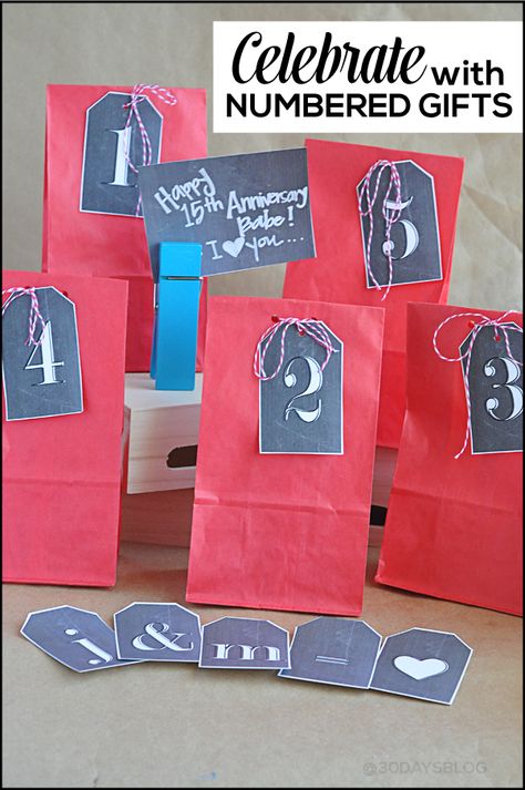 Unique gift idea: celebrate with numbered gifts! Includes several pages of #printable chalkboard tags (letters, numbers, blank).  www.thirtyhandmadedays.com Three Year Anniversary Gift, Chalkboard Numbers, Cheapest Wedding, Anniversary Ideas For Him, 3rd Year Anniversary Gifts, 2nd Anniversary Gifts, Chalkboard Tags, Homemade Anniversary Gifts, 1 Year Anniversary Gifts