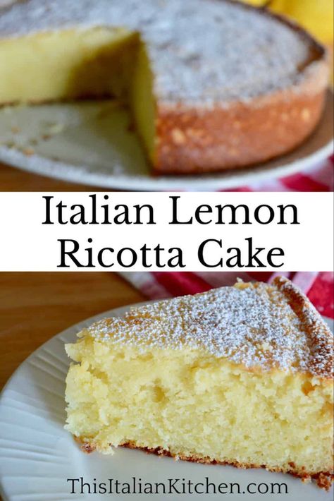 This recipe for Italian Lemon Ricotta Cake is the best out there! Light, fluffy, and full of flavor, it is the perfect Italian dessert. Easy and simple recipe made with ricotta cheese and lemon. #lemonricottacake #italianlemoncake Baked Ricotta Cake, Riccota Cheese Lemon Cake, Ottolenghi Recipes Desserts, Riccota Pie Recipe, Ricotta Cakes Italian, Desserts With Riccota Cheese, Gluten Free Italian Lemon Ricotta Cake, Blueberry Lemon Ricotta Cake, Lemoncello Recipes Desserts Easy