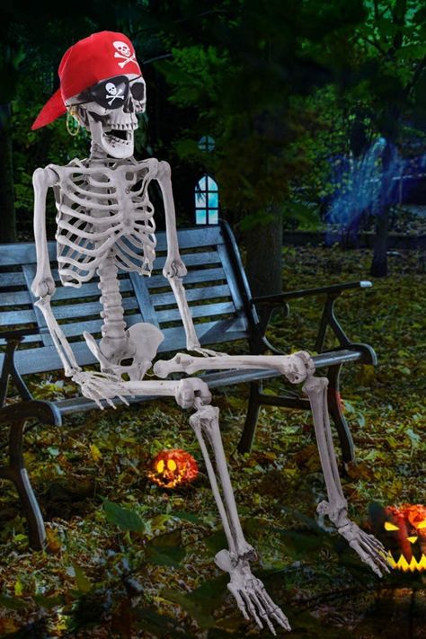 【Premium Quality】5 FT tall halloween skeleton decoration made out of solid pieces with a realistic skull, posable arms and legs, a golden earring, a pirate bandana and an eye patch. Great for halloween decorations. 【Posable Skeleton】This cute skeleton halloween decor comes with bendable jionts and posable limbs. Easy to pose. Have fun posing skeleton prop in different places. Skeleton Halloween Decorations, Life Size Skeleton, Realistic Skull, Pirate Bandana, Golden Earring, Halloween Skeleton Decorations, Yard Haunt, Haunted House Props, Pirate Halloween