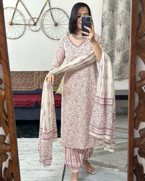 New arrival ��💓💓 Look straight out of a dreamy movie set as you turn around and walk in this elegant flared suit ! The perfect of traditional wear 🦋🦋🦋🦋🦋🦋🦋🦋 _New straight kurta set with new style in saganeri block print_ Size available - 38(M),40(L),42(XL),44(XXL) 46(3XL) Material - Cotton pant - Afgani pattern Work-Adda work detailing& beautiful embroidery Kurti length - 45-46 inches Pant length - 39 inches Dupatta length- 2.2meter c Sleeves - 3/4 sleeve Price - Rs. 825 + Shi... Afghani Salwar Suit, Afghani Suit, Marriage Suits, Glam Wardrobe, Clothing Rack Display, Embroidery Kurti, Ethereal Dress, Traditional Indian Outfits, Cotton Kurti