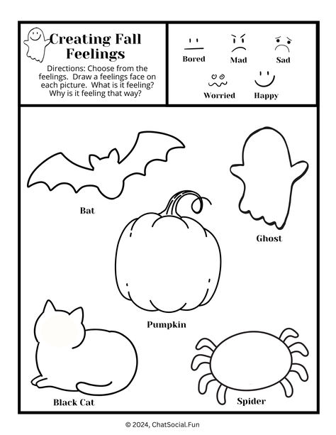 Practice feelings identification and perspective taking with the Creating Fall Feelings Worksheet.  The Halloween activity includes images of the feelings sad, bored, happy, worried, and mad.  Pick from the feelings and draw them onto pictures of  a pumpkin, bat, cat, spider, and ghost.  Nice play or art therapy activity for elementary school counseling. Build social skills by sharing your ideas with another person.  Fun for fall bulletin board. Halloween Sel Activity, Fall Emotions Activities, Halloween Therapy Worksheet, Sel Thanksgiving Activities, Fall Art Therapy Activities, Halloween Therapy Activities For Teens, Thanksgiving Counseling Activities, Halloween Counseling Activities, Halloween Therapy Activities For Kids