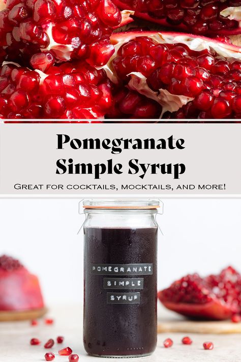 This Pomegranate Simple Syrup has only 2 ingredients and it can be ready in less than 10 minutes! It's one of the easiest simple syrups you can make at home and it has a ton of uses! Add it to cocktails, mocktails, tea, soda, or any other drink! It's totally fool-proof and freezer-friendly! It's always a hit and makes the best fall and winter holiday drinks! Pomegranate Simple Syrup, Canning Simple Syrup, Pomegranate Syrup Recipe, Holiday Simple Syrup, Grapefruit Syrup Recipe, Roasted Frozen Green Beans, Homemade Syrups, Pomegranate Syrup, Cranberry Simple Syrup