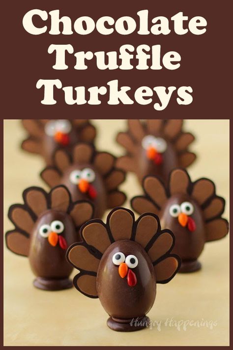 These adorable Chocolate Truffle Turkeys will make Thanksgiving extra special. Each delicious turkey is filled with pumpkin ganache and is decorated with candy eyes, a beak, and a wattle. See the step-by-step tutorial at HungryHappenings.com. Turkey Truffles, Chocolate Turkeys, Thanksgiving Food Crafts, Thanksgiving Chocolates, Chocolate Turkey, Best White Chocolate, Edible Crafts, Thanksgiving Treats, Peanut Butter Fudge