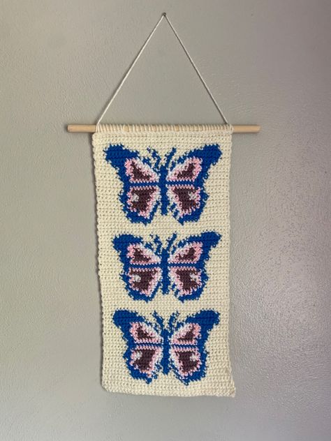 Crochet Tapestry Granny Squares, Tiny Tapestry Crochet, Butterfly Tapestry Crochet Pattern, Small Crochet Tapestry, Downtown Crochet, Knit Tapestry, Crochet Tattoo, Butterfly Crochet, Crochet Wall Hangings