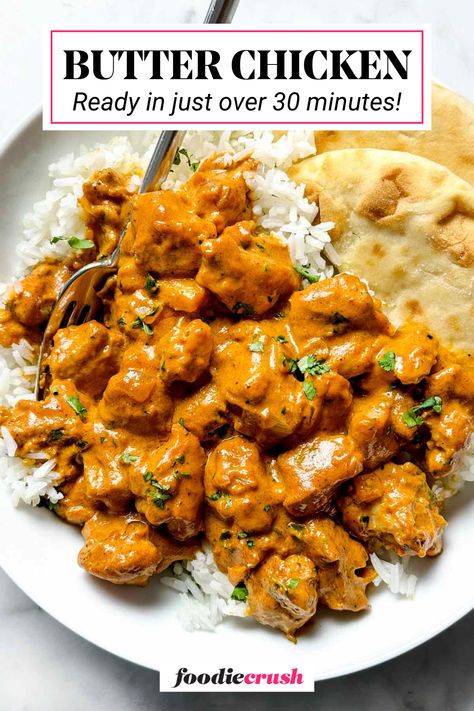 This flavorful Butter Chicken recipe is ready in just over 30 minutes, making it perfect for busy weeknights!  Tender chicken thighs are simmered in a creamy tomato sauce bursting with warm Indian spices.  Finished with a touch of lime juice and fresh cilantro, it's a delicious and satisfying meal that the whole family will love. Serve it over basmati rice and naan for a complete and flavorful experience. Butter Chicken With Basmati Rice, Quick Butter Chicken Recipe, Indian Butter Chicken Recipe Easy, Authentic Butter Chicken Recipe Indian, Butter Chicken Bake, Butterchicken Indian Recipe, Simmer Sauce Recipe, Easy Butter Chicken, Butter Chicken Recipe Indian