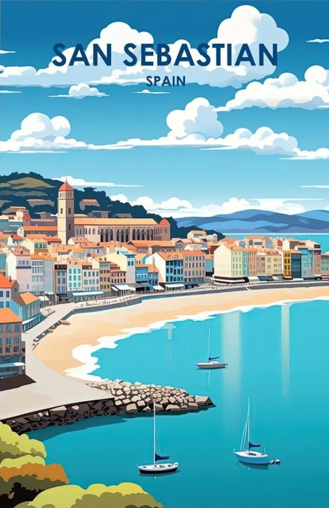 Spain Illustration Art, Malaga Poster, France Travel Poster, Vintage Travel Posters Spain, Spain Poster, Wanderlust Decor, San Sebastian Spain, Travel Poster Design, Travel Globe