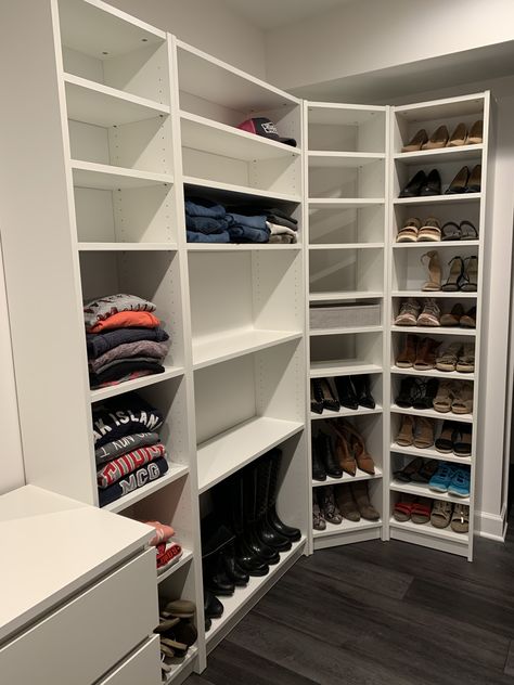 IKEA Billy bookcase closet Billy Bookcase Shoe Rack, Billy Bookcase Master Closet, Billy Bookshelf Closet, Billy Bookcase Styling Bedroom, Closet With Billy Bookcase, Billy Ikea Closet, Ikea Billy Bookcase Closet Hack, Ikea Billy Bookcase Wardrobe Hack, Billy Bookcase Closet Ideas