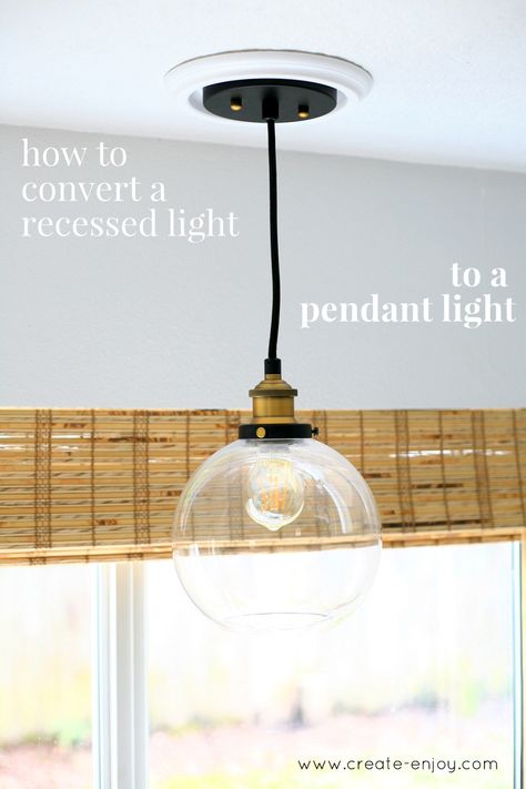 How to use a converter kit and pendant light to convert a recessed or can light to a pendant fixture Replace Can Lights, Canned Lights, Led Pot Lights, Small Kitchen Lighting, Rejuvenation Lighting, Master Bath Update, Rental Makeover, Woodland Trail, Kitchen Update Ideas