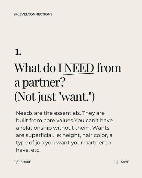 Your well-being matters in dating Navigating the path to a great connection requires more than just your desire to have a relationship—it demands introspection and honesty. Here are 5 pivotal questions to guide your journey in relationship and personal well-being. ✨ 1. Dive deep into your core values—what do you truly NEED from a partner beyond the surface wants? 2. Assess the balance—Is the effort in your relationship reciprocated equally? Mutual investment is non-negotiable. 3. Evaluat... Important Values In A Relationship, Needs Not Met In Relationship, What Do You Want In A Relationship, Relationship Non Negotiables, Wants And Needs In A Relationship, Needs In Relationship, Non Negotiables Relationships, Standards In A Relationship, Effort In A Relationship