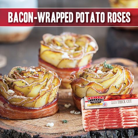 Roses are red, unless they're potato. If wrapped in bacon, Your sweetheart will say, "𝙒𝙃𝙊𝙊𝙊𝘼𝘼𝘼𝘼𝘼𝘼!" Get recipe: https://indianakitchen.com/.../bacon-wrapped-potato-roses/ #MyBrandIsIndiana #ValentinesDay Potato Bacon Flowers, Potato Roses, Bacon Wrapped Potatoes, Bacon Roses, Cajun Shrimp And Grits, Potato Bacon Soup, Potato Bacon, Cheddar Burger, Bacon Potato