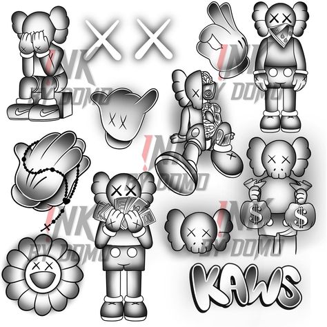 Kaws V2 brush set is now available on the site! inkbydomo.com 🤝🏽 Kaws Doll Tattoo, Kaws Doll Drawing, Kaws Hand Tattoo, Kaws Tattoo Stencil, Kaws Henna Tattoo Designs, Bape Tattoos, Kaws Henna, Kaws Tattoo Design, Kaws Black And White