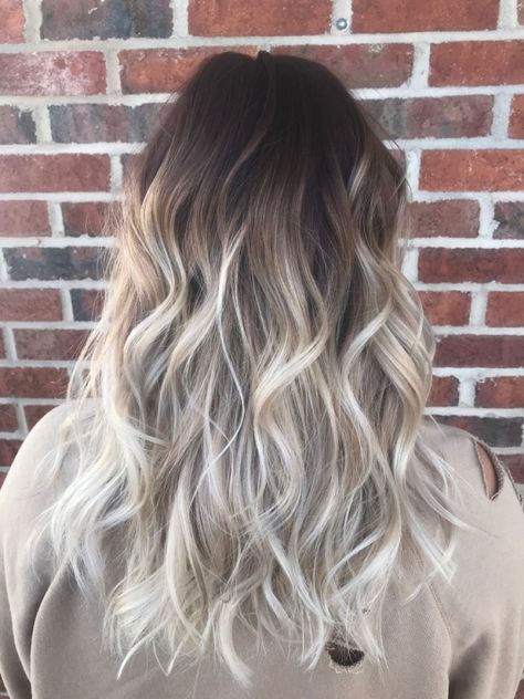 Dark Brown To Platinum Blonde Balayage, Brown To White Balayage, Brown To Icy Blonde Balayage, Brown Roots Platinum Blonde Hair, Brown To White Blonde Balayage, Brown Hair With White Balayage, White Blonde Ombre Dark Roots, Ombre Hair Color For Brunettes Blonde, Bleach Ombre Hair