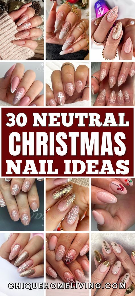 Nude Nails For Christmas, Winter Nails Neutral Simple, Nude Nails With Christmas Design, Nude Holiday Nail Designs, Christmas Nails Nude Colors, Neutral Nails 2024, Nude Christmas Nails Acrylic, Minimalist Nails Christmas, Beige Christmas Nails