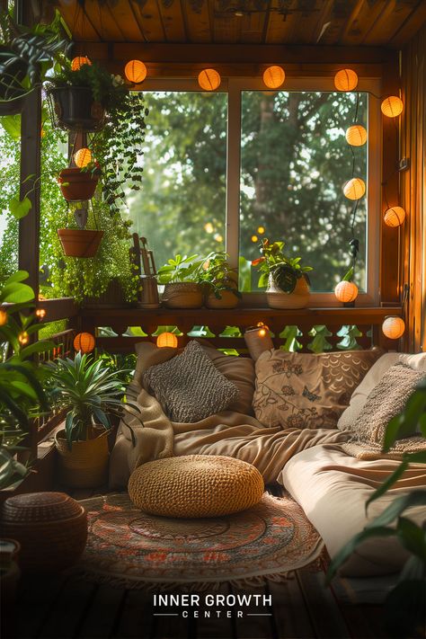 A sunlit sunroom filled with plants, lanterns, and comfortable seating creates a serene meditation space. Spiritual Room Meditation Space, Meditation Space Ideas, Zen Meditation Room, Zen Corner, Yoga Meditation Room, Spiritual Room, Meditation Corner, Zen Room, Zen Space