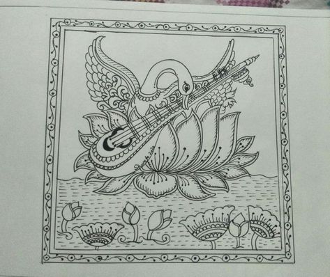 Swan Madhubani Painting, Saraswati Drawing Easy, Veena Drawing, Swans Drawing, Saraswati Drawing, Saraswati Pooja, Sketch Mandala, Swan Drawing, Tanjore Art