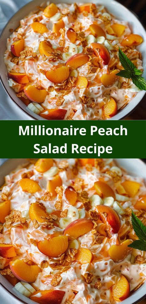 Enjoy a creamy, fruity dessert with our easy Millionaire Peach Salad recipe. Perfect for any occasion! Peach Dishes Recipes, Easy Side Dishes For Family Reunion, Easy Cold Salads, Fresh Peach Salad Recipes, Peach Pretzel Salad, Peach Side Dish, Fruit Side Dishes Easy, Recipes For Fresh Peaches, Summer Peach Salad