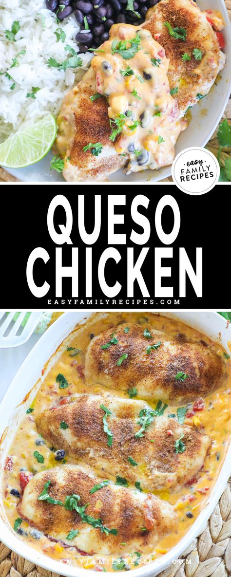 EASY Kid friendly dinner! Queso chicken is that new kid favorite meal you’ve been looking for! Parents love the simple, 5 minute prep too! Chicken is baked in cheese sauce that’s made using velveeta, tomatoes, beans, and corn. It’s a one-pan oven baked chicken dish that the whole family will be happily eating in no time. Easy clean up, hands off cooking, and gooey bubbly nacho cheese chicken make this an instant win for any family. Use it to make tacos, nachos, burritos, or enjoy it as is! Mainz, Nacho Cheese Chicken, Queso Chicken Bake, Queso Chicken, Velveeta Recipes, Keto Savory, Cottage Recipes, Beans And Corn, Instant Family