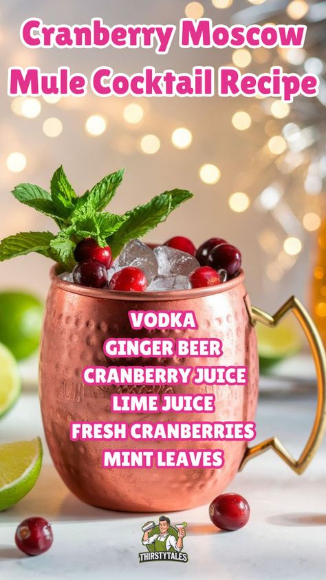 "Discover the perfect blend of flavors with our Cranberry Moscow Mule cocktail recipe! This festive drink is a delightful addition to your holiday cocktails lineup. Easy to make, it’s one of the best seasonal cocktails to impress your guests. Explore Moscow Mule variations with a cranberry twist for a refreshing take on classic recipes. Cheers to delicious holiday gatherings!" Cocktail Holiday Drinks, Festive Pitcher Cocktails, Yule Mule Holiday Cocktails, Christmas Mule Cocktail Pitcher, Reindeer Moscow Mule, Pomegranate Mule Recipe, Sugared Cranberries For Cocktails, Holiday Drinks With Cranberries, Christmas Mule Recipe