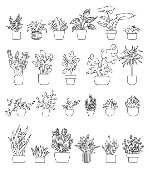 Stroke vector houseplants in pots set | Premium Vector #Freepik #vector #background #flower #floral #tree Potted Plant Doodles, Flower Pot Illustration, Plant Sketches, Plants In Pots, Plant Doodle, Pots Set, Floral Tree, Plant Icon, Journal Layouts