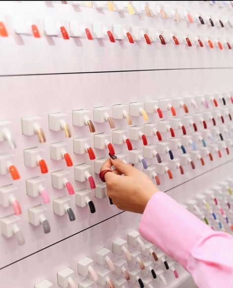 Nail Salon Display, Nail Shop Ideas, Nails Interior Design, Nail Color Display Ideas, Nail Colour Display Ideas, Diy Nail Color Display, Nail Polish Organization Wall, Nail Shop Design, Nail Polish Display Ideas