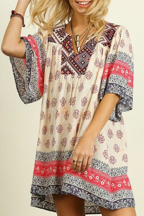 Umgee USA Printed Peasant Dress Umgee Clothing, Boho Dress Short, Summer Shift Dress, Dress With Split, Stylish Short Dresses, Usa Clothing, Boho Beauty, Bohemian Lifestyle, Stylish Women Fashion