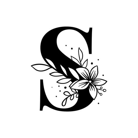 Letter S script psd floral alphabet | free image by rawpixel.com / Tvzsu Floral, Typography, Botanical Capital Letter, Floral Alphabet, Letter S, Free Psd, Alphabet, Black And White, White