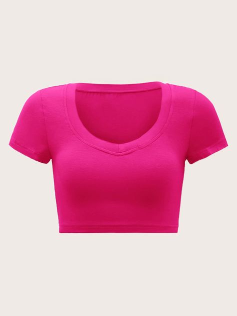 Hot Pink Casual Collar Cap Sleeve Fabric Plain  Embellished Slight Stretch Summer Women Clothing Pink Shirt Outfit, Y2k Shirts, Hot Pink Shirt, Preppy Tops, Preppy Shirt, Hot Pink Tops, Cute Preppy Outfits, Pink Crop Top, Cute Crop Tops