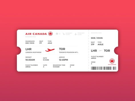 Created a quick boarding pass design for a flight with Air Canada, sticking with the traditional paper ticket :) Travel Consultant Business, Boarding Pass Design, Airport Tickets, Airport Theme, Airlines Branding, Christmas Advertising, Map Layout, Collateral Design, Ticket Design