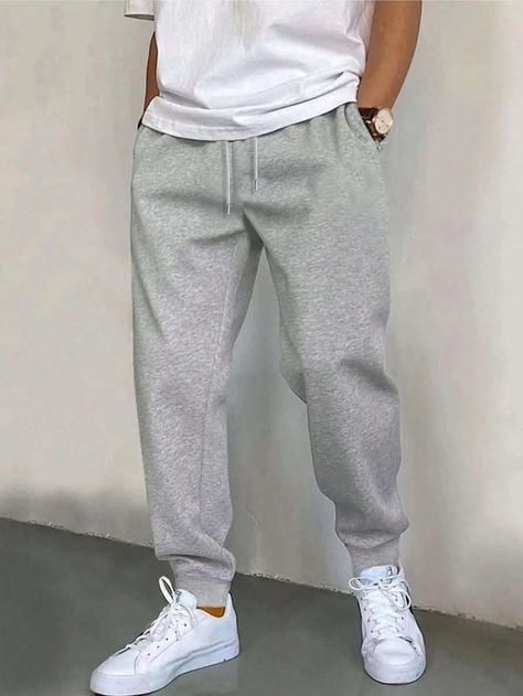 Light Grey  Collar  Fabric Plain Jogger Embellished Slight Stretch Fall/Winter Men Clothing Men In Joggers Outfit, Cotton Joggers Men, Grey Joggers Men Outfit, Gray Joggers Outfit Men, Man In Sweatpants, Men’s Sweatpants, Joggers Outfit For Men, Baggy Sweatpants Outfit Men, Mens Sweatpants Outfit Casual