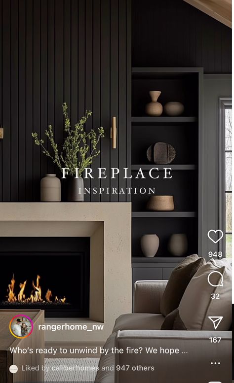 Urbane Bronze Fireplace, House Foyer Ideas, Lake House Foyer, Gas Fires And Surrounds, Fireplace Hearth Ideas, Black Fireplace Wall, Hearth Ideas, Timeless Paint Colors, Transitional Fireplace